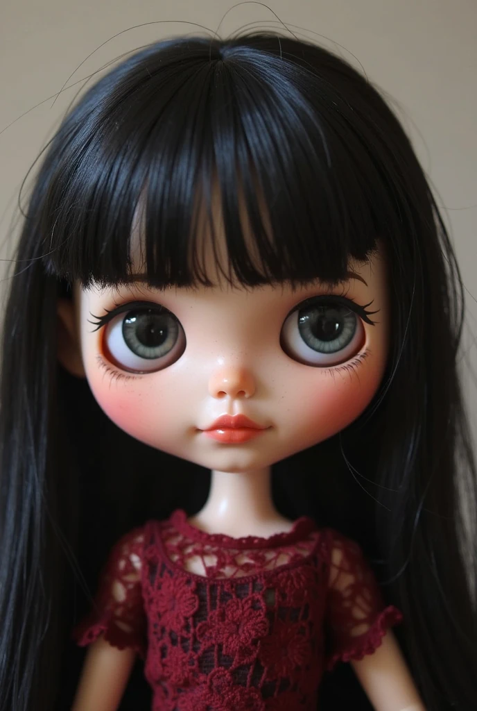 17 year old Blythe doll medium brown skin Long wavy black hair no bangs and black eyes
