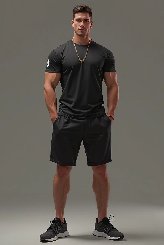 masterpiece,Tall Asian male,muscular,Simple background, Looking at the audience, A faint smile, shorts, hoodie,sports shoes,Simple background, whole body, whole body照