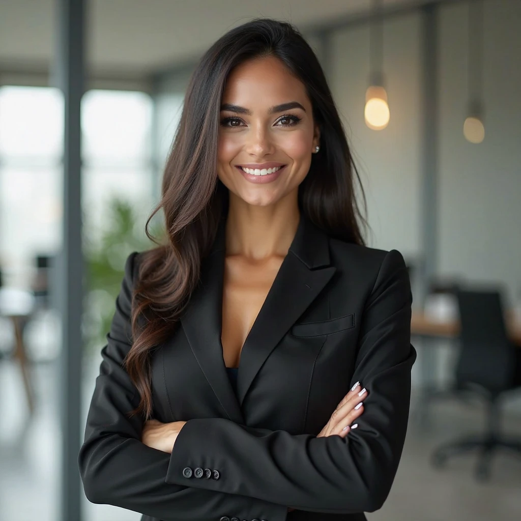 A beautiful, professional Latina businesswoman with long straight dark hair and light fair skin (not tanned), elegant blazer and blouse, natural makeup, confident smile, standing in a modern office, soft natural lighting, depth of field, ultra-realistic style, 4K, 8K