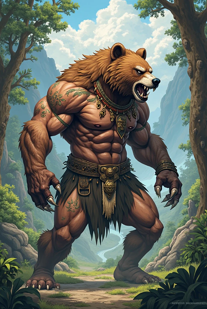 male bear mid transformation, by taran fiddler, solo, masterpiece, best art, loincloth, detailed hands, detailed eyes, detailed torso, pain expression, night, closed eyes, muscular, concept art, pov