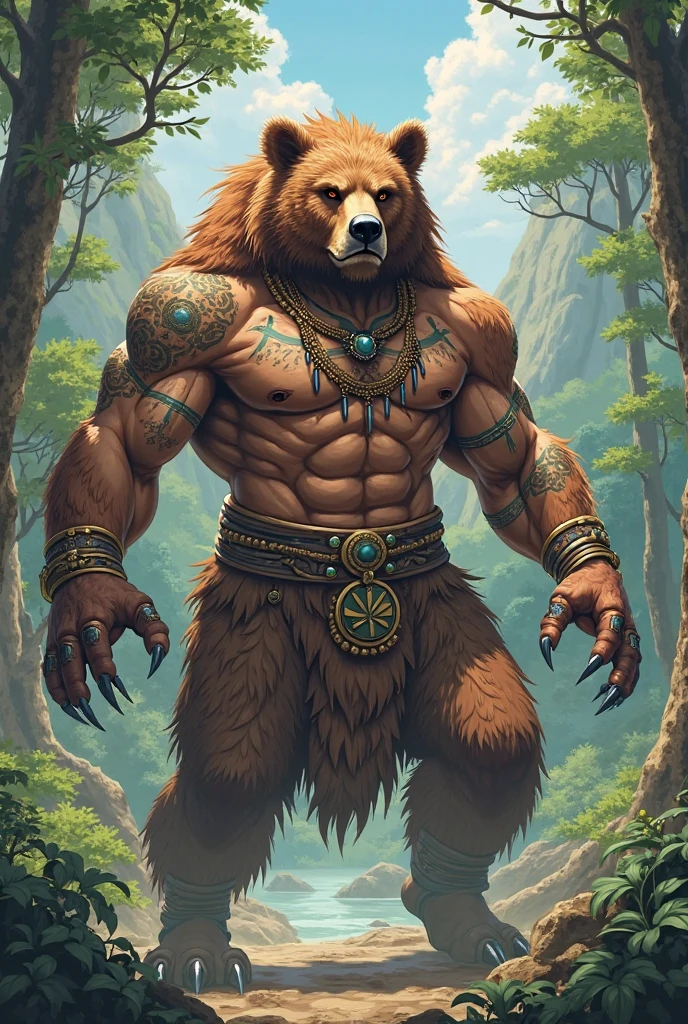 A muscular man, puffed chest and shirtless, green tattoos.he is bear head