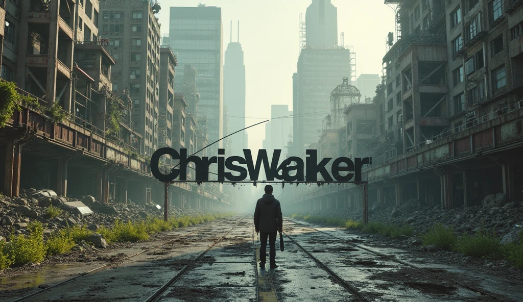 Create an image where there is an abandoned city and where in the middle is the name CHRIS WALKER in large letters