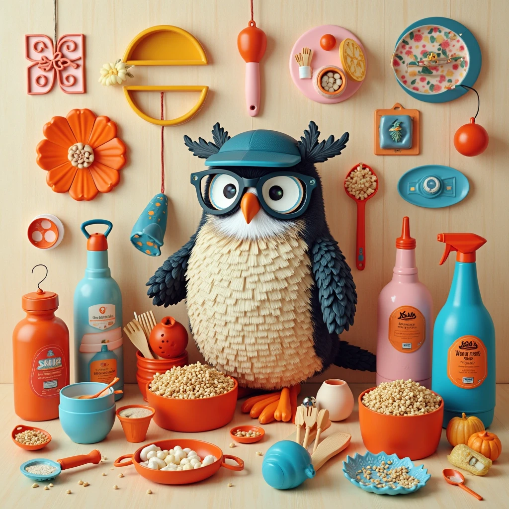 knolling Furby, lots of details and additions, assembled character in the center of the image