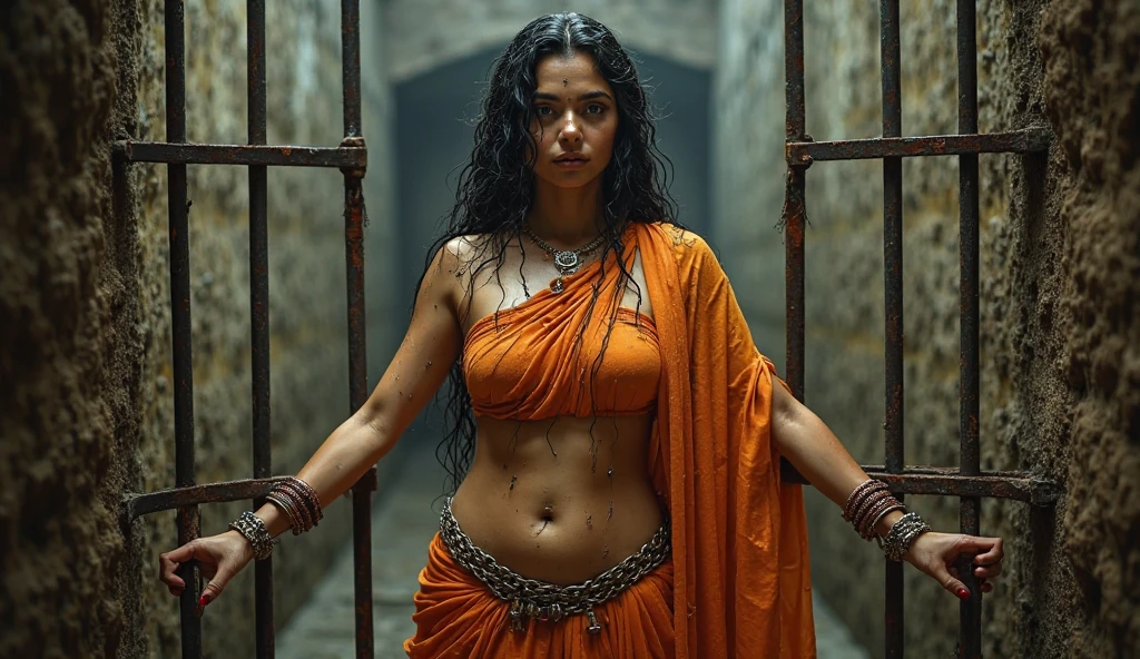 A beautiful Indian goddess bride standing nude, wearing only jwellery, big boobs, fair skin,  sexy figure,  very bold makeup, nipples painted, bid boobs, deep lipstick, eye liner, eye shadow, full face makeup, surrounded by bunch of black very old naked beggars, very thin, dark skin, white hair, in an empty deserted railway station at night, everyone one is naked, 