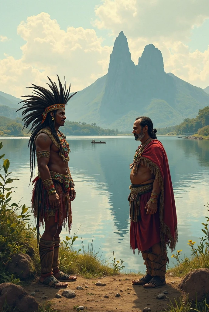 (masterpiece,Best quality,Super Fine,Best shadow),(Two Mayan warriors take a photo together,Dark skin,White hair,Yellow eyes,Black braids,Mayan clothing),(Background details,Close-up,Sky,Salama,Mayan civilization,Mayan Pyramids,forest,jungle,serious,anger),(Facial details,Male characteristics,Strong jawline),(Optimal lighting),(light),colorful,Dramatic light,Intricate details