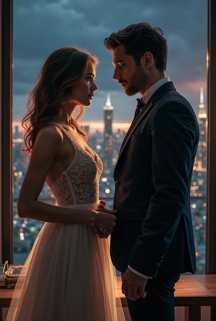 A couple stands against the backdrop of the night sky, creating a beautifully romantic scene with the cityscape in the background., adding an air of mystery to the romantic scene atop the building against the night sky and city lights, (Raw photo, highest quality), (8K, highest quality, masterpiece: 1.2), Super detailed, super resolution