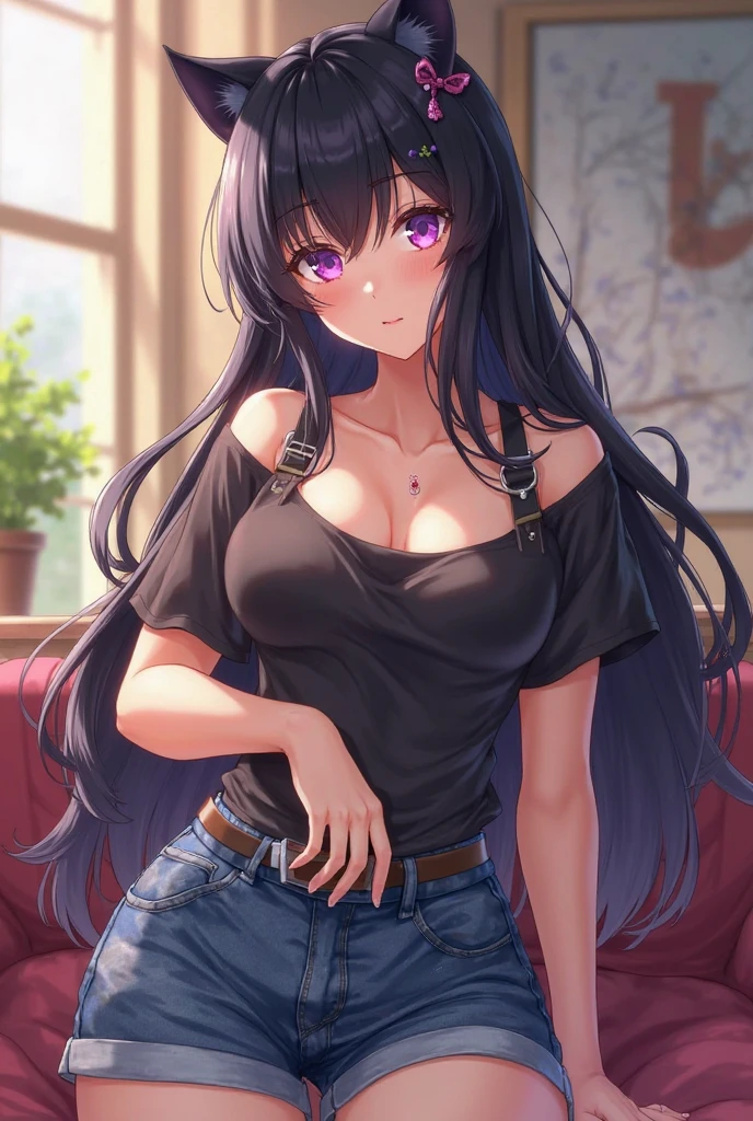 in white bra and tight denim, low waist denim, arms behind back, full body, wearing cropped t-shirt, bra, slim figure, small bust, fit girl model, 18 year old female model, burn scar on face, burn scar on right side of body, purple eyes, long dark purple hair, hanako ikezawa, hair over one eye, muscular fit girl, abs