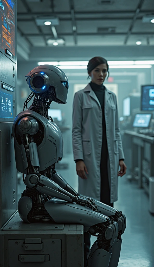 There a frightened female robot with a tall man behind her cupping the female's breasts. Inside a laboratory