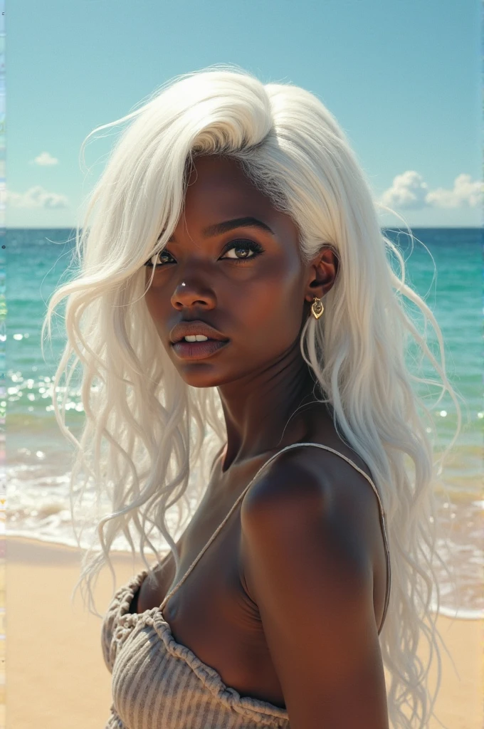 Make one with black skin and freckles that look like stars, she has white hair and bangs, she is on the beach wearing an embroidered bikini, high resolution, gray eyes,breastsout, 