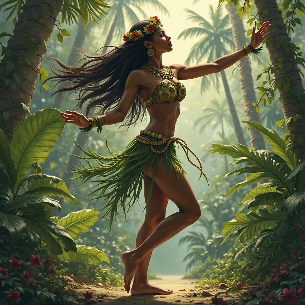 Illustration of waterfalls in the jungle woman nativa