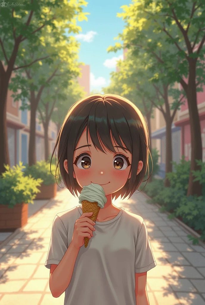 (best illustration, lively and vibrant, heartwarming moment),(1girl, happy and content),(ice cream cone:1.2, white t-shirt, open smile),(middle-aged man, grey shirt, good dad, love),(sunny day, park, green grass),long shot, sunny lens flare, wide angle shot,(1man):1.2