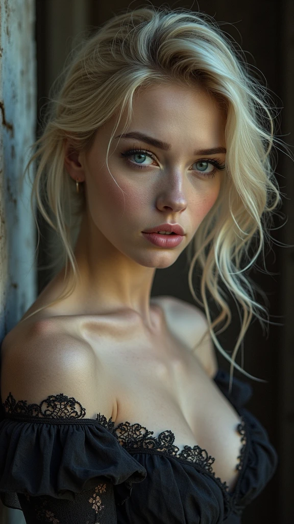 Black and white photo, Polaroid , analog photo, of a 30 years old girl with light blonde hair , round face and blue eyes in a natta city , Deep cleavage, huge round breasts, , romantic, Jewel tones, Motion blur, natta, blurry and out of focus, Black and white photo, ISO 100
