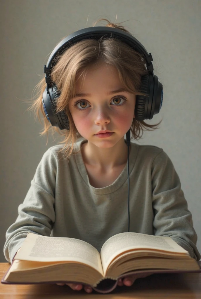 A child wearing headphones with a frustrated expression, while a giant book suffocates her.