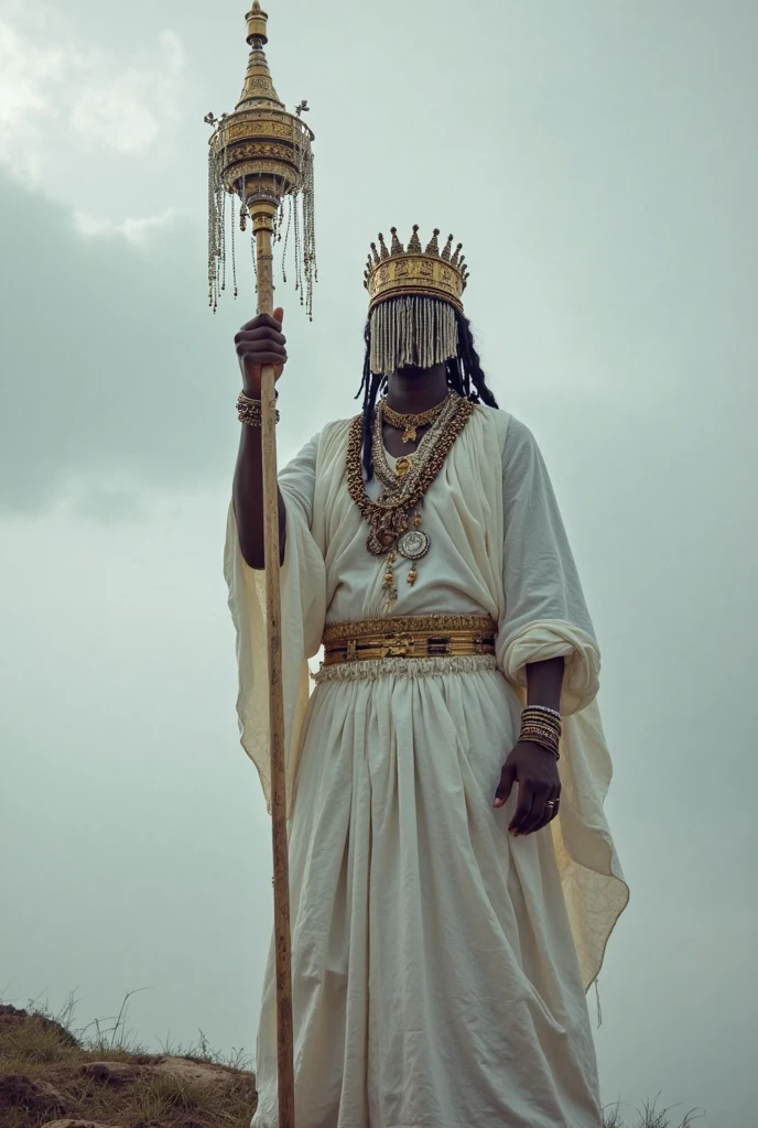 Create an illustration of Oxalá, similar to the image provided, that highlights its majesty and serenity. He must be dressed in richly detailed white clothing, adorned with embroidery and traditional accessories. Include the Opaxorô scepter and the white feather, the ekodidé, in your hands. The scene should be in a celestial environment, with soft clouds and soft lights in the background, reflecting your purity and divinity
- black african man