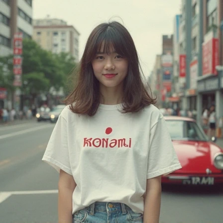 The face of a young Japanese woman posing like a model by the window. Focal length 100mmf/2.8, early winter night, living room on the upper floor of a tower apartment, plain T-shirt and shorts, close-up of eyes, film quality.