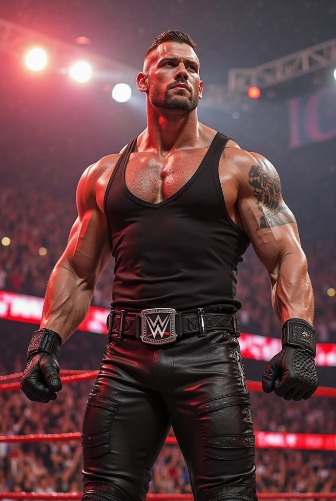photo of (TheUndertaker2), a man as a WWE star, modelshoot style, ((closeup)), (extremely detailed CG unity 8k wallpaper), photo of the most beautiful artwork in the world, professional majestic oil painting by Ed Blinkey, Atey Ghailan, Studio Ghibli, by Jeremy Mann, Greg Manchess, Antonio Moro, trending on ArtStation, trending on CGSociety, Intricate, High Detail, Sharp focus, dramatic, photorealistic painting art by midjourney and greg rutkowski, (((plain black wrestling top))), (((black leather pants))), (black leather belt), (((tall black leather boots))), (((black elbow pads))), ((arena)), ((standing in ring)), ((crowd in the background)), (looking at the camera), (detailed pupils:1.3), (close up), ((black MMA gloves)), ((tattooed arms))