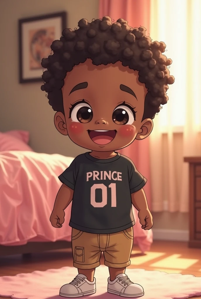 Crie um negro de cinco anos alegre de olhos vivos e brilhantes brincando ((childrens illustration))
