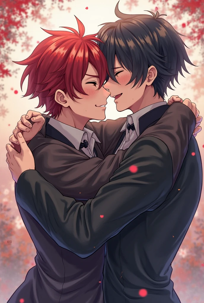 Generates an image of two boys in a boys love scene. The first one is a red-haired boy, high, with green eyes and a muscular but not excessively large body. He is holding the second boy&#39;s waist, who is black-haired, with blue eyes and a serious expression, but blushing. The redhead has a mocking look as he watches the blushing black-haired boy. Asegúrate de que el pelirrojo sea más high que el pelinegro y que la escena transmita una sensación de juego y coqueteo