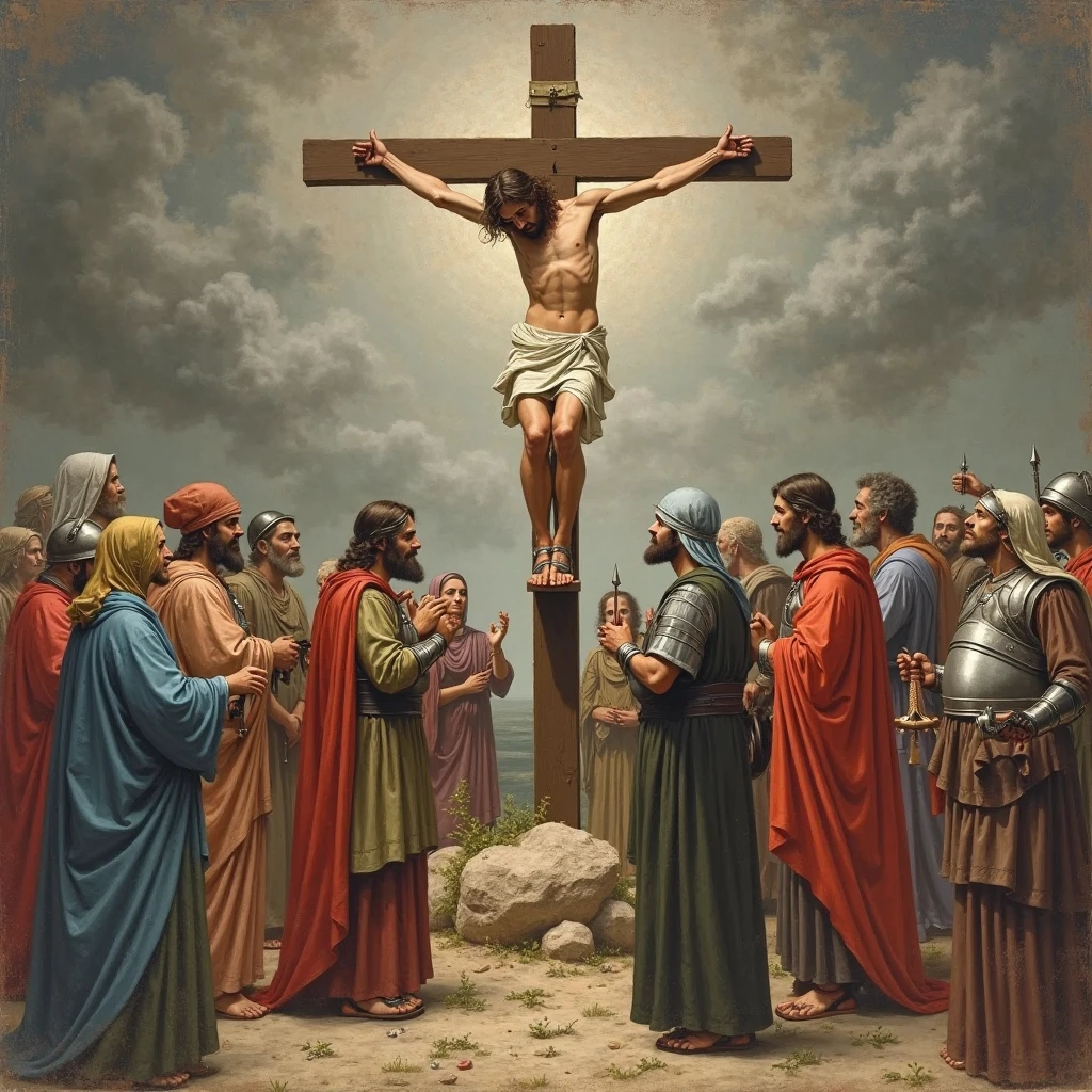 Crucifixion of Christ on a mountain as a Roman soldier pierces Christ's side with a spear year 33 after Christ Jesus Christ is nailed to a cross