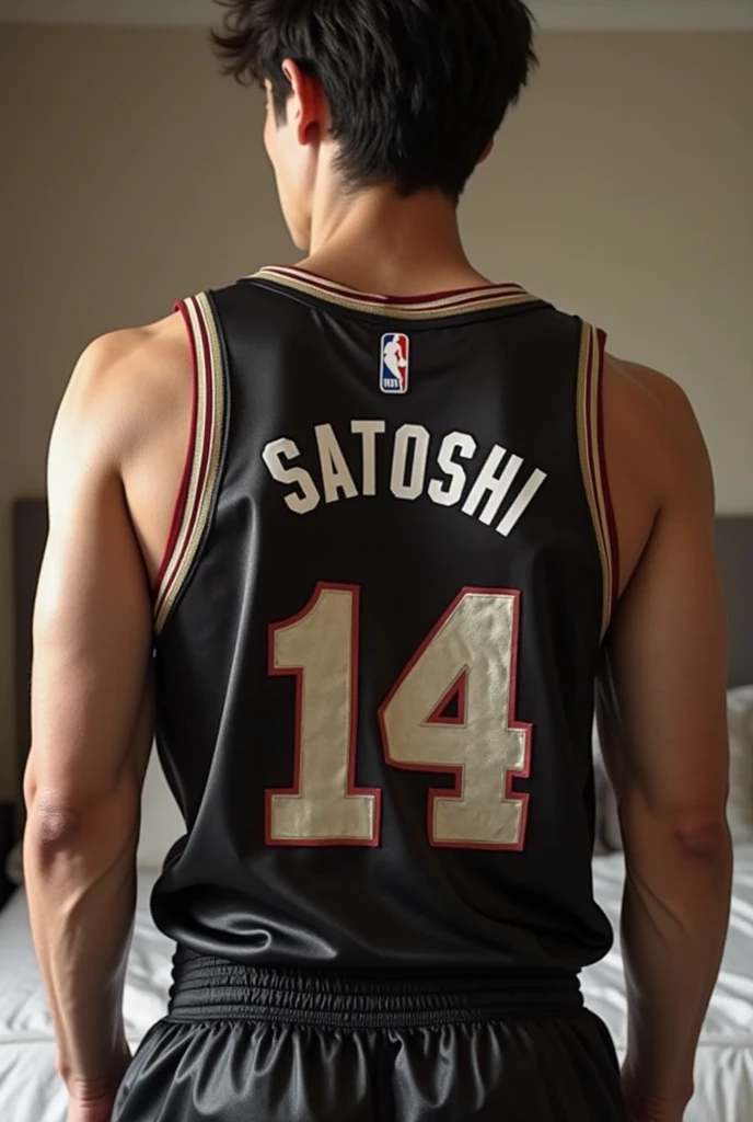Make a person showing his backside with a jersey coloured with black and sleeves red coloured with a jersey number 15 in white colour with the name GOKU in white colour and below the jersey number written in small fonts immortal souls in capital