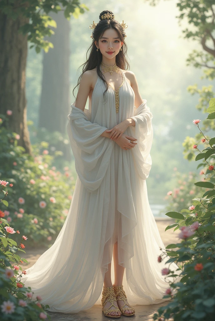 There is a woman in a white dress standing on the rock, elegant dress, flowing white robe, wearing a white elegant dress, flowing robe, flowing robes, Flowing white dress, Fluid magic robe, flowing robe, Flowy silk slip dress, Wearing a flowing long fabric, wearing a elegant dress, flowy fabric, Gauzy angel dress, Wearing a semi-transparent sheet