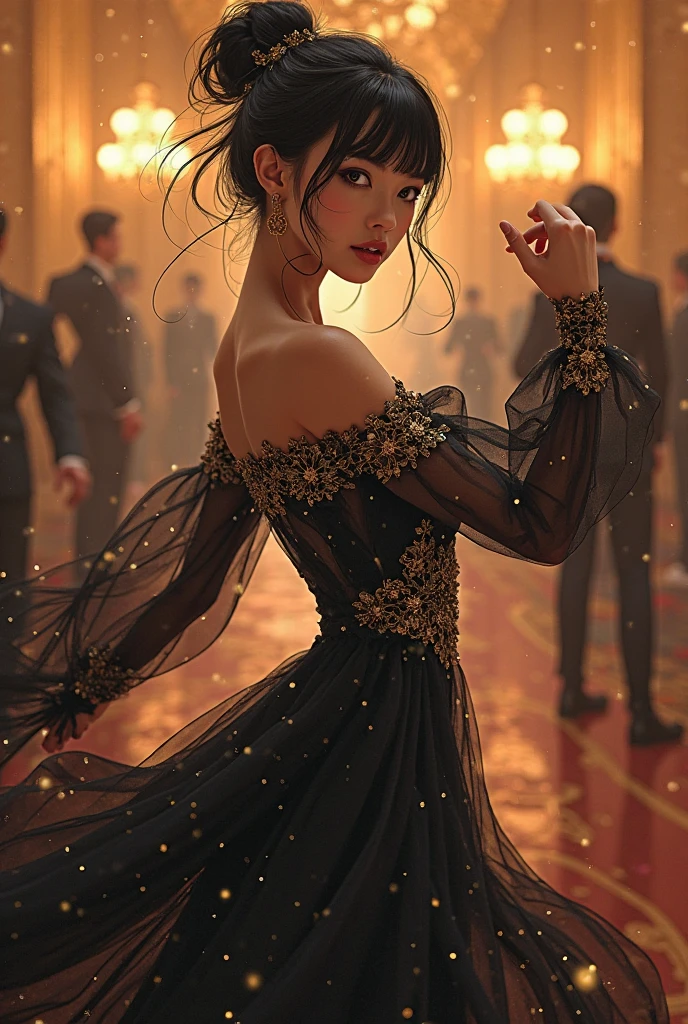 Wonder Woman (Gal gadot age 30) in a lovely sheer evening dress, looking adorably insecure and awkward as she approaches Bruce Wayne, fancy gala
