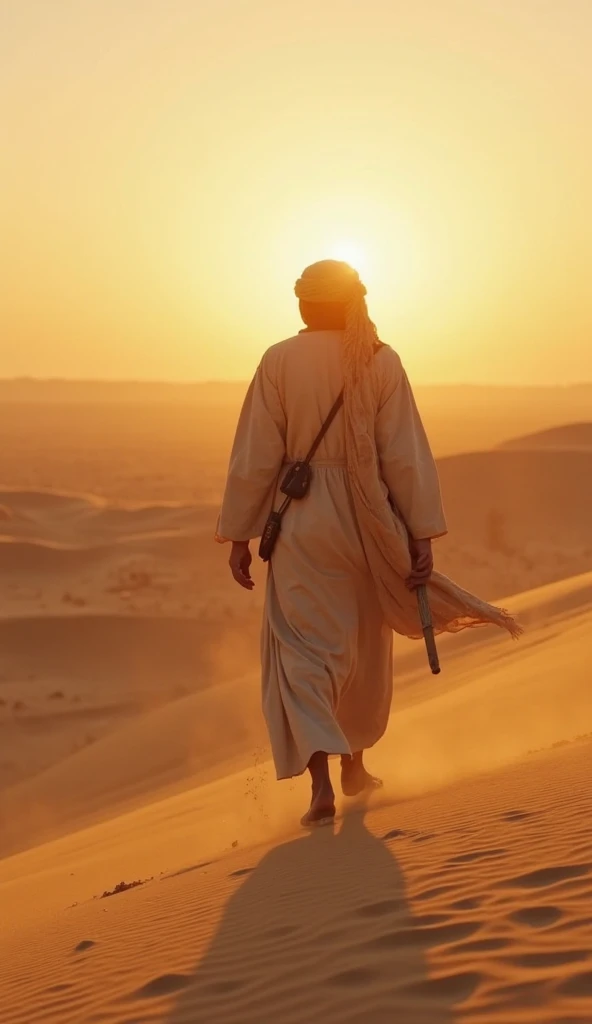 Image from behind of an ancient Arab man walking in the desert 
