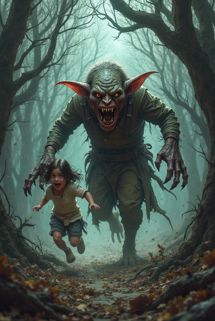 An old wizard with long nails and long hair and red eyes and a long tongue, who was opening his mouth to eat an injured age boy, but a knight came to his aid.