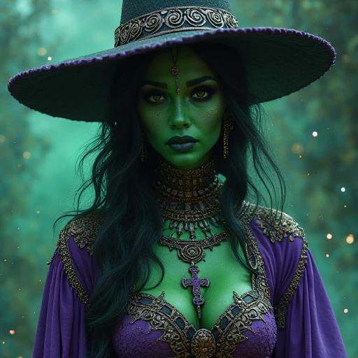 Masterpiece, high quality, full detailed, 8k, !(Mila Kunis like the bad witch of the west, !(((green skin))) and perfect body, His clothing is a black suit with red details, which gives him a more sombre and elegant appearance. Her hat becomes taller and more pointed, and she wears a black veil that covers part of her face. His main accessory is a magic broom, which he uses to fly and cast spells)