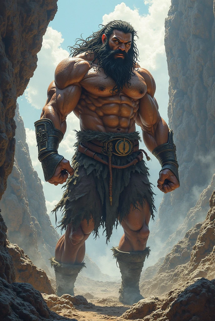 Muscular primitive man coming out of a cave with a KETELBELL in his hand