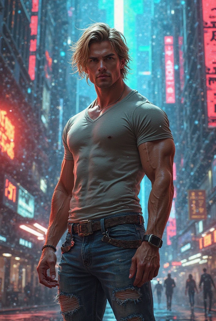 masterpiece, best quality, highres, realistic, a shot of a homoerotic nude man with short blonde hair and blue eyes, stubble, weary handsome facial features, masculine, trench coat, rainy wet weather, soaking wet skin, raindrops, thunder storm, blade runner, dystopia, science fiction, biomechanical details, night scene of a cyberpunk city, bright neon lights, dark looming buildings, flirtatious, tight waist, hip bones, barechest, big pecs, chiseled abs, tan skin, pulled down skin-tight pants, unzipped crotch