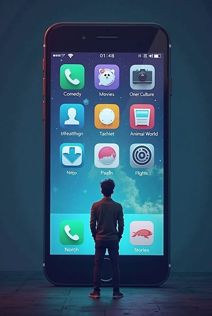 He designed a picture of a huge mobile phone in front of a person looking at the mobile phone screen. On the screen, there are 8 icons that symbolize comedy, an icon that symbolizes movies, an icon that symbolizes culture, an icon that symbolizes health and beauty, an icon that symbolizes the animal world, an icon that symbolizes news
An icon that symbolizes sports, an icon that symbolizes stories