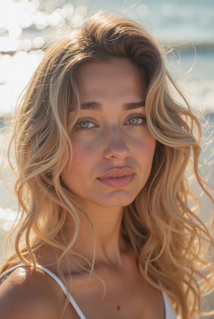 woman, ((Luskentyre Sands)), Harris, Scotland. Elizabeth Olsen, She is wearing a long dress. High quality. Sharp focus. Detailed eyes, (detailed features:1.2), (realistic skin texture), small smile, real life, sunset, dramatic light, Canon, 4K