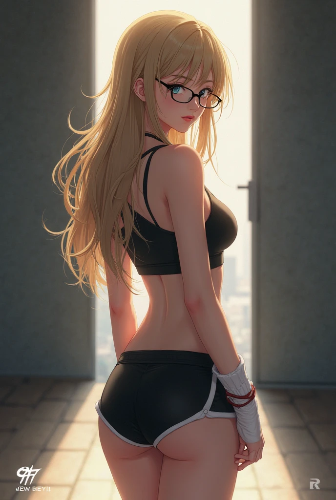 ((best quality)), ((masterpiece)), (detailed), perfect face, masterpiece, glasses, medium breasts, dark-skinned female, sports bra, miniskirt, pleated skirt, blonde hair, twintails, red ribbon,
