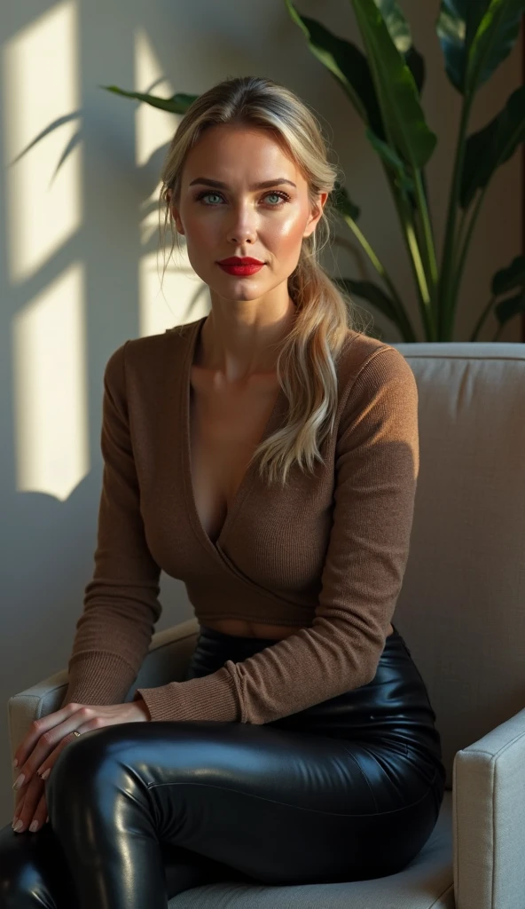 1fille de 16 ans, seulement, scandinave ,cheveux longs, Gros seins, regarder le spectateur, cheveux blond, Épaules nues, yeux verts, bijoux, tout le corps, collier, hors épaule, pull gris, Lèvres, Réaliste, nez, avec une veste en cuire noir, flirter avec la caméra, tout le corps, vue complète du corps, Souriant, un clin d'œil, Réaliste, Détails élevés, professionnal 4k picture , un bracelet vert sur le poignet droit
