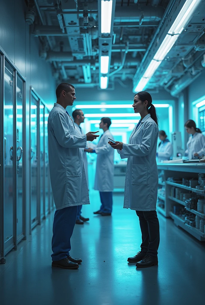 ((A male space scientist in white clothes wearing glasses )),Conversation in the hallway with a female astronaut who is holding a holographic clipboard