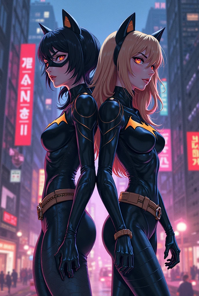 Masterpiece: 1.2, best quality, realistic, (real image, intricate details, depth of field), beautiful blonde woman, she has stunning blue eyes, highly detailed, perfect face, (huge breasts: 1.3), (skin dentition), thick thighs, wide hips, small waist, tall, (huge ass: 1.1), blushing, sexy, nijistyle, bodybuilding, black suit similar to Batman suit, dark street