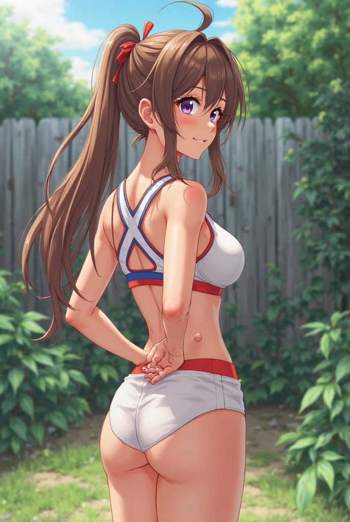 full body, cute girl, ((red sports bloomer):emphasize the navel), high ponytail, topless, (A)dark red-haired, hair ribbon, round glasses, big bright eyes, sweet smile, athletic body, energetic pose, dynamic atmosphere, (realistic:1.37)model-like features, flawless skin, (ultra-detailed)with freckles on her cheeks and nose, (vivid colors)cheerful expression, (studio lighting)soft and warm lighting, (best quality:1.2)crisp and clear details, lifelike textures, (bokeh)blurred background with bokeh effect, (landscape)in a outdoor school playground setting,(photography)as if captured in a candid moment, (HDR)with enhanced dynamic range, (UHD)ultra-high definition, (extreme detail description)down to every strand of hair and freckle.