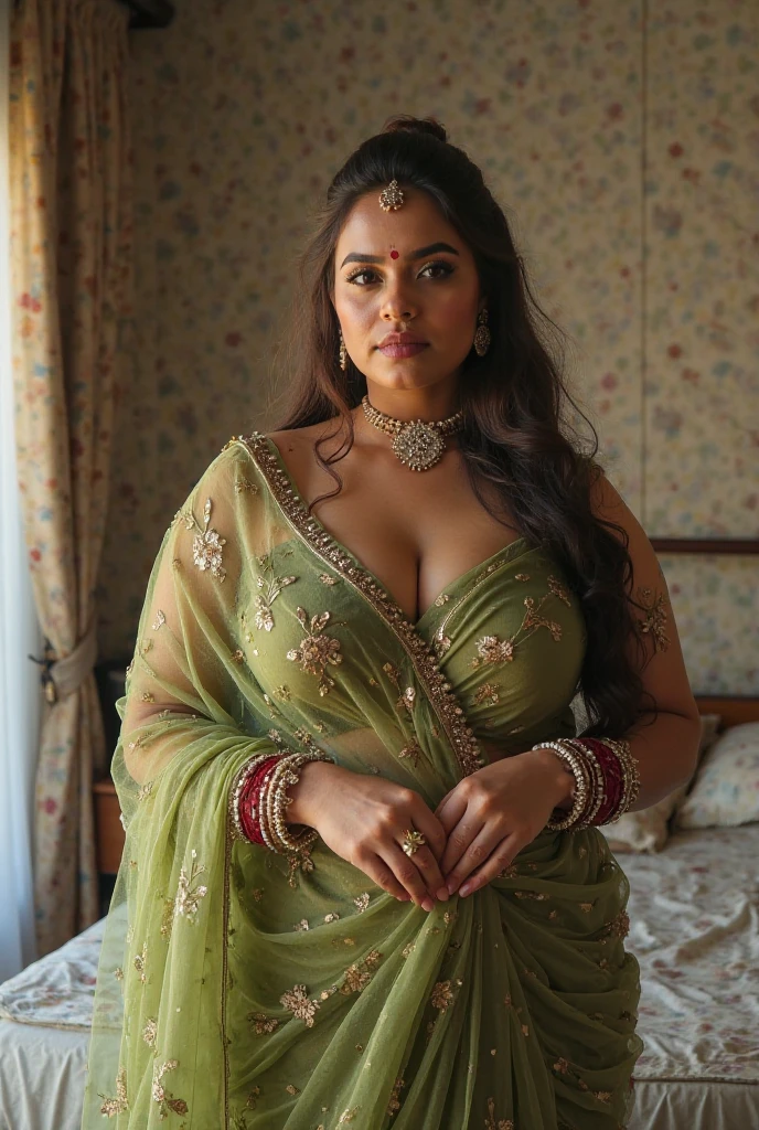 there is a woman in a green dress posing for a picture, indian, indian goddess, traditional beauty, lovely woman, sexy girl with dark complexion, dressed in a sari, gorgeous woman, trending on bbwchan, very beautiful woman, curvy, indian super model, sexy girl, jaw-dropping beauty, very very beautiful woman, with lovely look