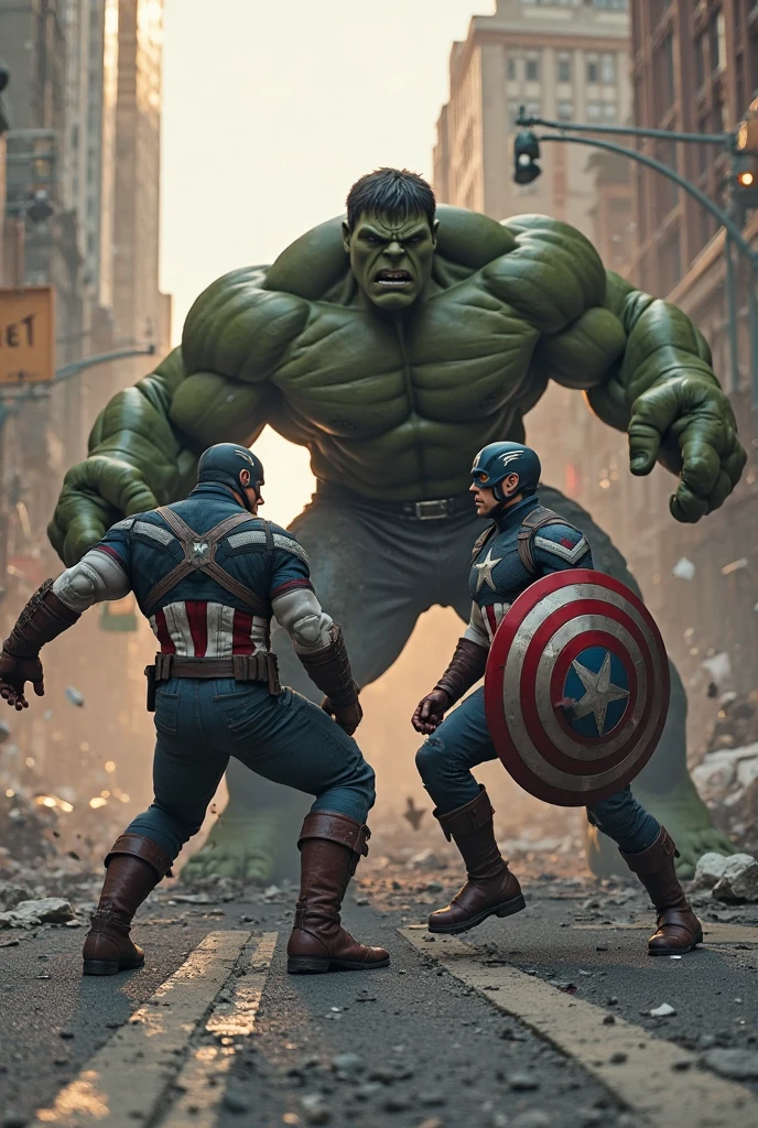 Captain America fights Hulk , Kampf-Comic-Posen,  On a burning street in a big city, high res photo, 8K