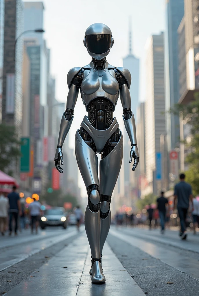 Woman-robot walking down the street in a crowd of people in the big city, defile, high quality, best quality, absurdres, masterpiece, beautiful, intricate details, 1/2 body crop, slim body, beautiful figure, magnificent anatomy, (intricate details:1.12), HDR, (intricate details, hyper-detailing:1.15), (natural skin textures, hyper realisitc, soft light, Sharp:1.2)