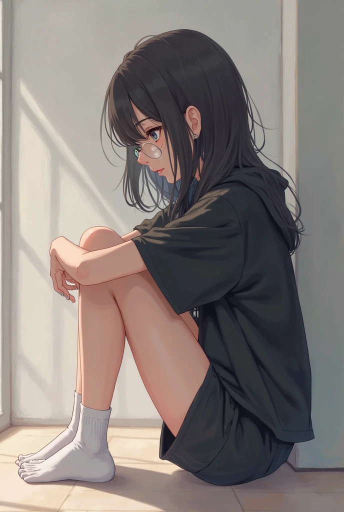 1 girl, chibi, wavy black long hair, age 15, sitting and leaning on the exterior wall of the building, knees up, torn and dirty clothes, barefoot, sad expression, dark alley, garbage cans, graffiti on the wall, no one else around, moonlit night