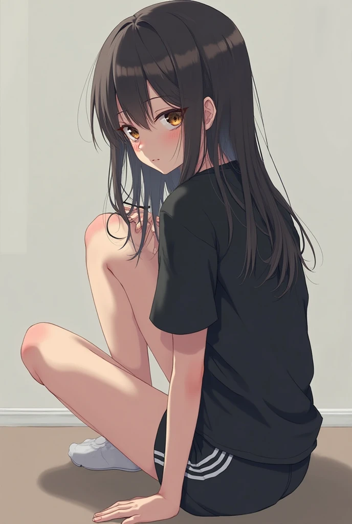 (HD, High Definition, 4k) 18 year old girl, Long black hair, brown eyes, scared, crouched and hidden in the dressing rooms, near the locker room, He wears a white t-shirt and long black pants..