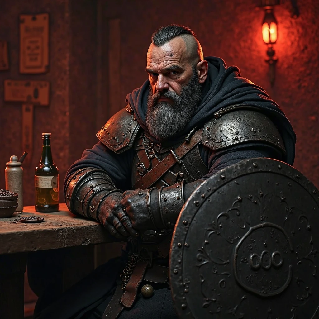a skipperthn, medieval RPG character, painting, ammo bandolier, leather vest, (straps buckles:1.1), cantina interior, billowing poncho, (masterpiece:1.4), (best quality:1.4), (8k), (HDR), (wallpaper), (cinematic lighting), (sharp focus), (intricate), (Style-Sylvamagic:0.5),  <hypernet:skipphn1:1>