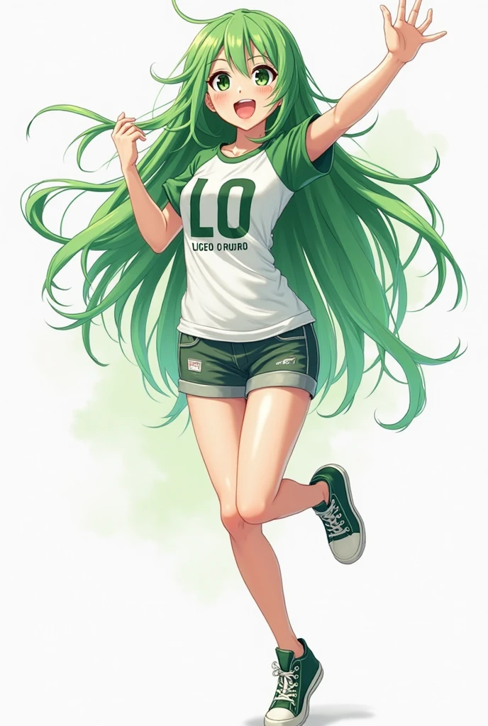 woman, long green hair, twintails, purple eyes, denim shorts, ((peeing stain)), embarassed, blushing, crying, standing, thigh highs, tank top