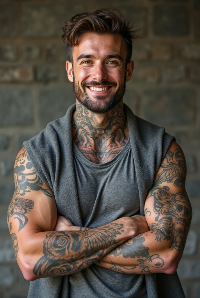 homem careca sorrindo sem tatuagem e com roupa social, being tattooed on the head by tattoo artist