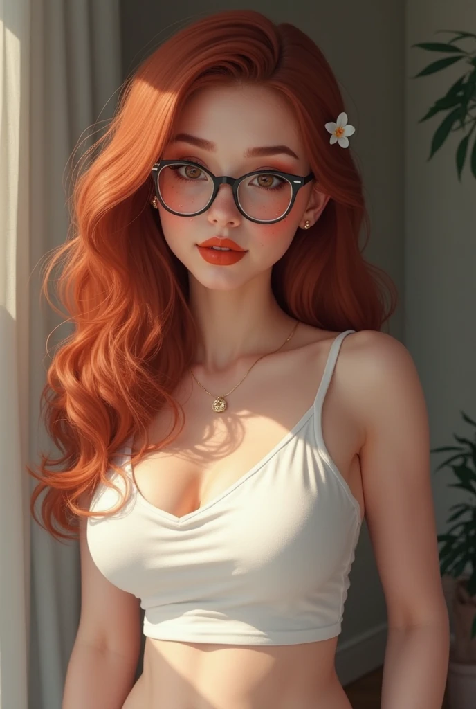 slutty collagegirl with long red hair,colorful makeup, long eyelashes, fair skin, (cute), (detailed face), detailed eyes, detailed iris, (large natural breasts:1.2),wearing glasses,sensual facial expression with a small smile,bathroom scene