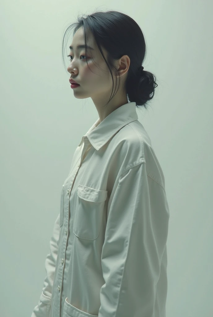 Long black hair wearing a white shirt,a woman standing in front of a wall, Ilya Kubshinov landscape, Guweiz style art work, breathtaking Ilya Kubshinov, Ilya Kubshinov. 4 thousand, Ilya Kubshinov style, digital art Ilya Kubshinov, Ilya Kubshinov(Ilya Kuvshinov)