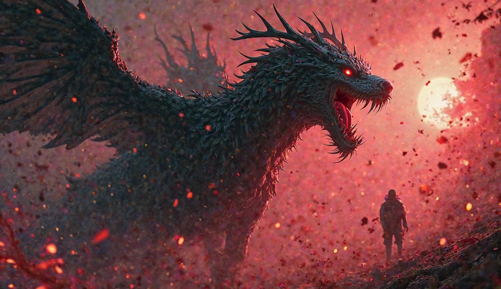 Dragon black face and detailed features, walking along a path of wet black stones, between narrow slopes of black rocks, surrounded by red fog, ethereal atmosphere, cinematic lighting, photorealistic, (best quality, 8k, high resolution, masterpiece of the dark fantasy, :1.2),ultra-detailed,realistic,photorealistic:1.37,dramatic lighting,temperamental,fantasy,conceptual art
