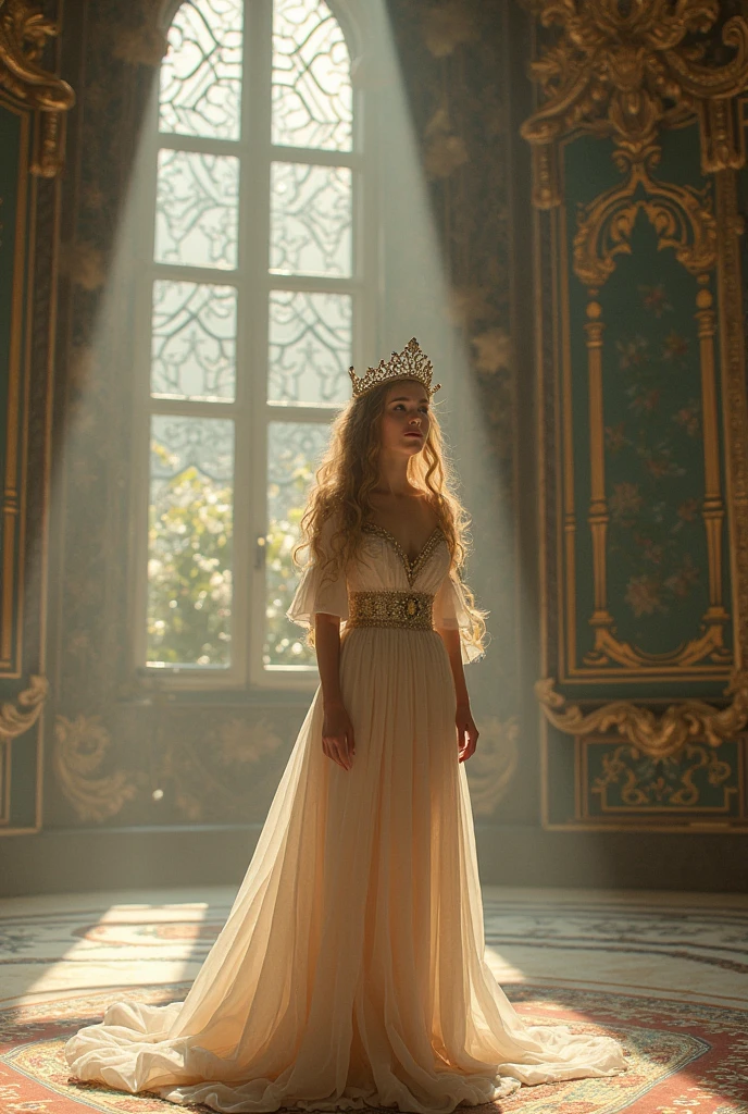 A young, stunningly beautiful and blonde child princess, dressed in a light silver, foot-length dress with short sleeves, sitting on her throne in the throne room of her castle, she is wearing no crown and no jewelry, view of the princess from the front and in full body view from head to toe, hyperrealistic,